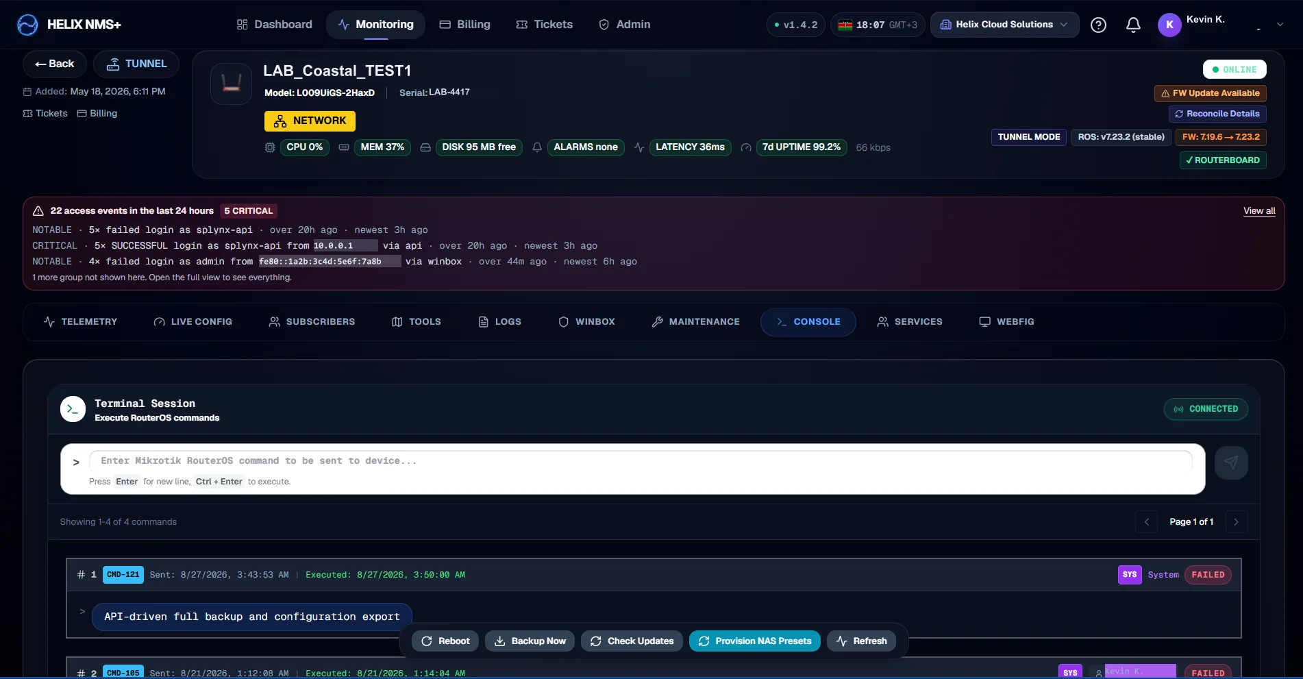 Helix NMS+ device page showing tunnel mode, firmware status and uptime above a live RouterOS terminal session with command history