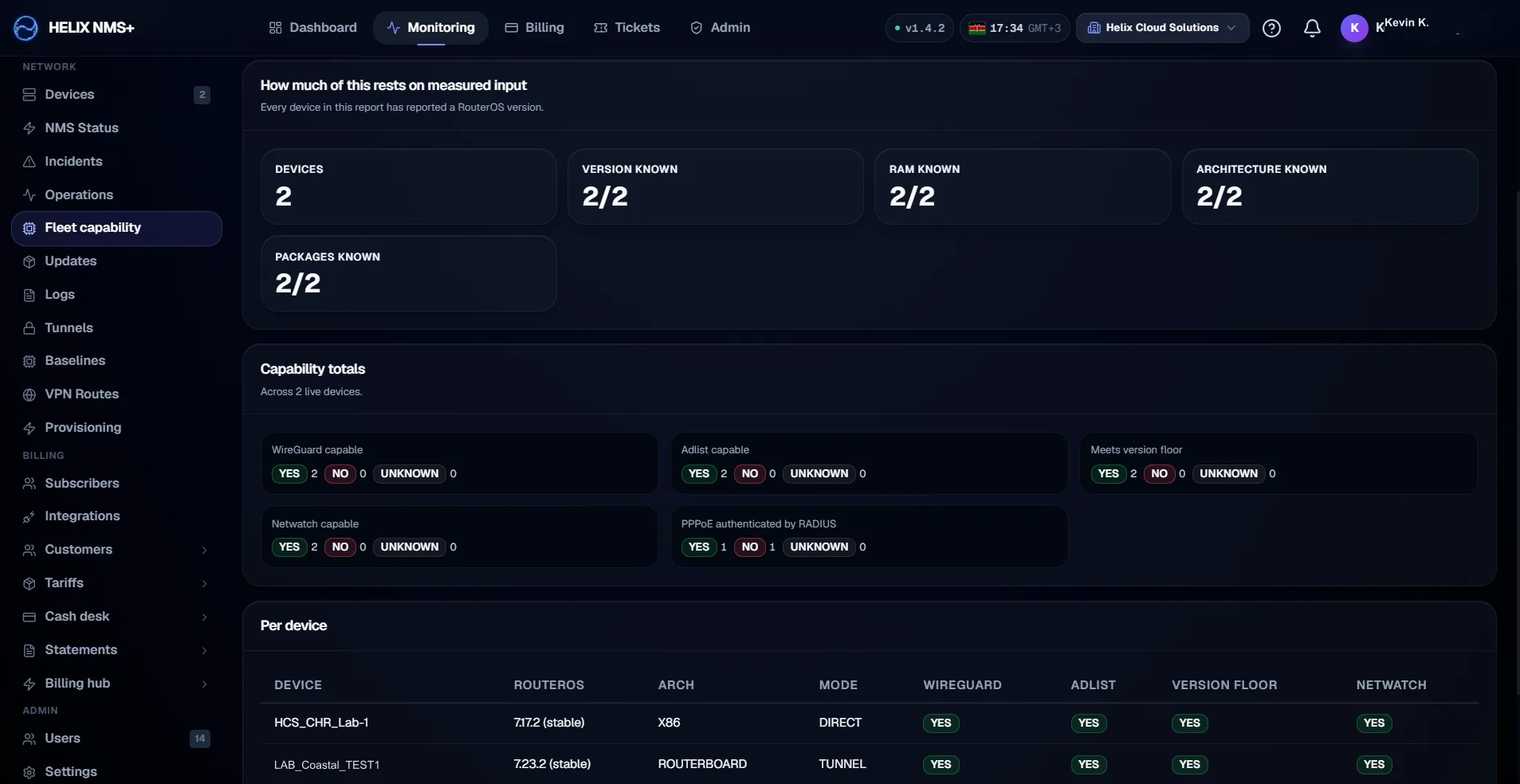 Helix NMS+ fleet capability report comparing RouterOS versions, architecture, WireGuard support and connection mode per device