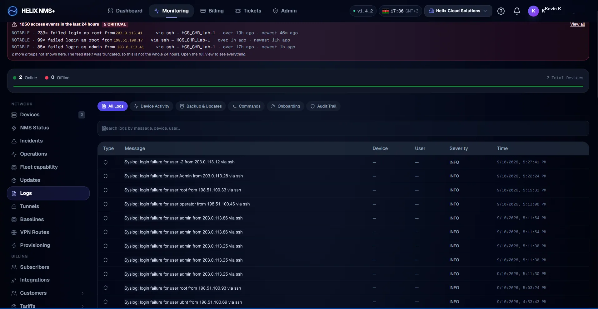 Helix NMS+ log console listing detected failed SSH login attempts against MikroTik routers, grouped by account and source address
