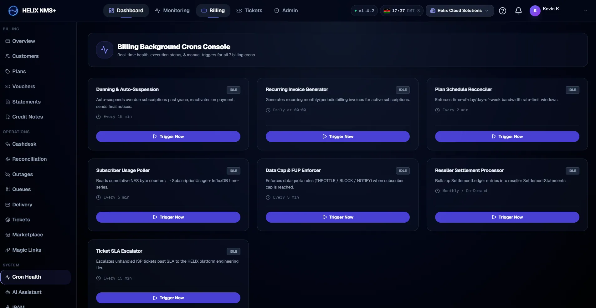 Helix NMS+ billing background jobs console showing dunning, recurring invoice generation, usage polling, data cap enforcement and reseller settlement