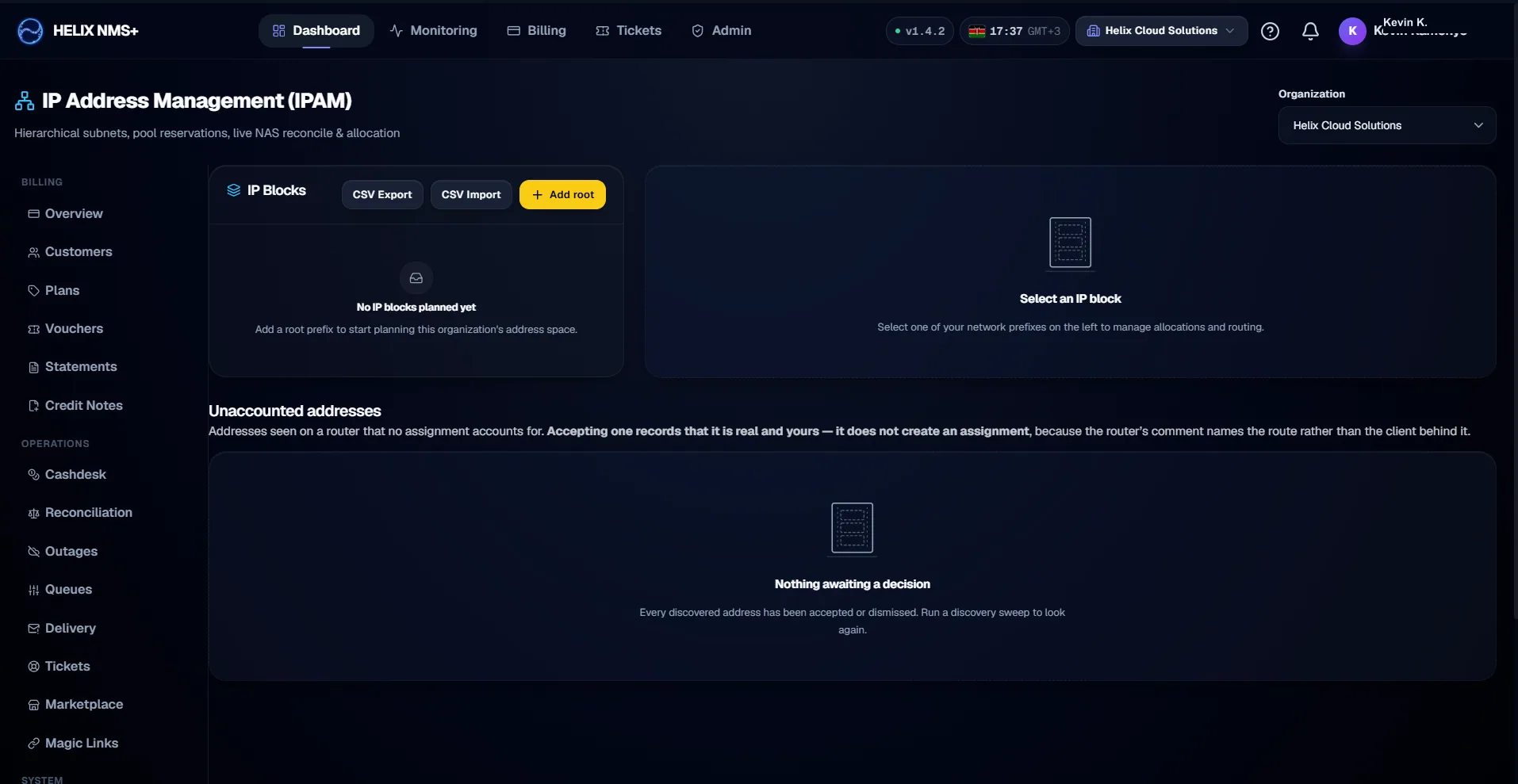 Helix NMS+ IP address management view for hierarchical subnets, pool reservations and reconciliation of addresses discovered on routers